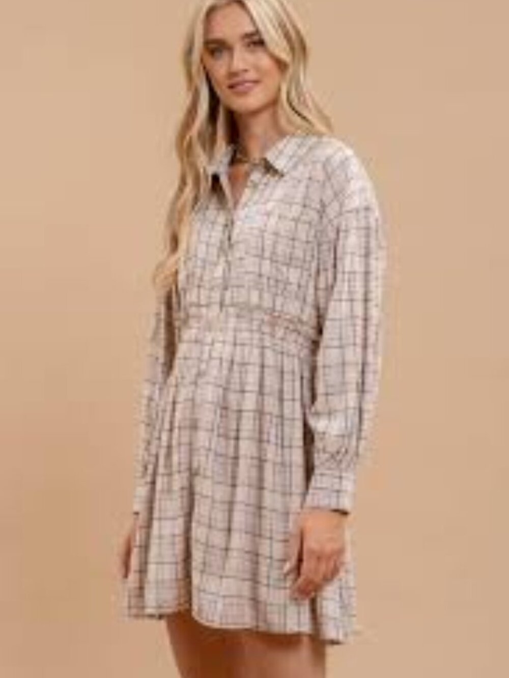 NWT Plaid Dress Long Sleeve Button Down Neutral Cottage Fall Autumn S Minimalist